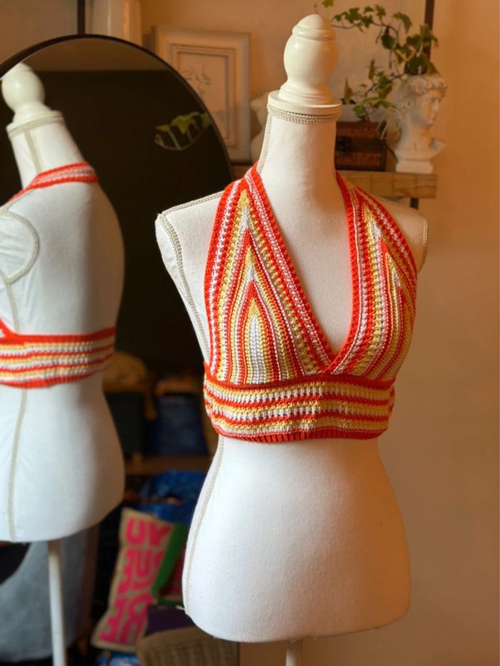 Crop top dos nu en maille brodée - Taille unique - Orange - photo numéro 4