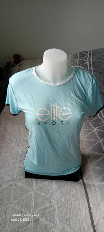 Tee-shirt de sport élite manches courtes bleu et blanc col rond en viscose femme 40/42 élite sport