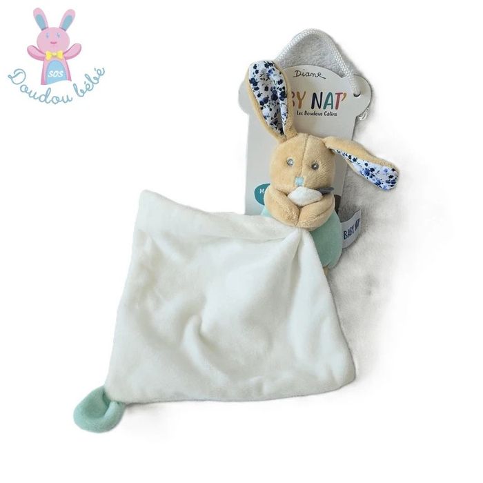 Doudou Lapin Poupi "marine" bleu beige fleurs mouchoir blanc Baby Nat