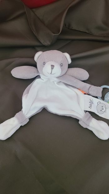 Baby'Nat - Coton BIO - Doudou Attache-sucette ours Gris 18 cm