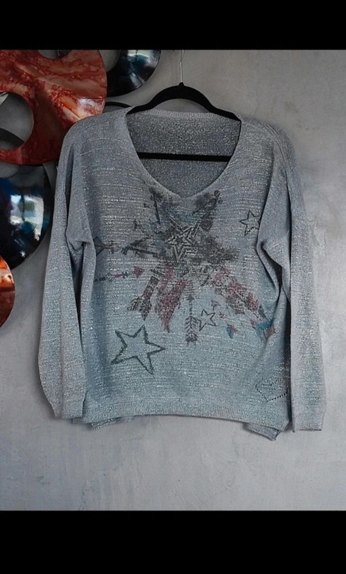 Sweat gris bleuté argenté à étoiles - photo numéro 2