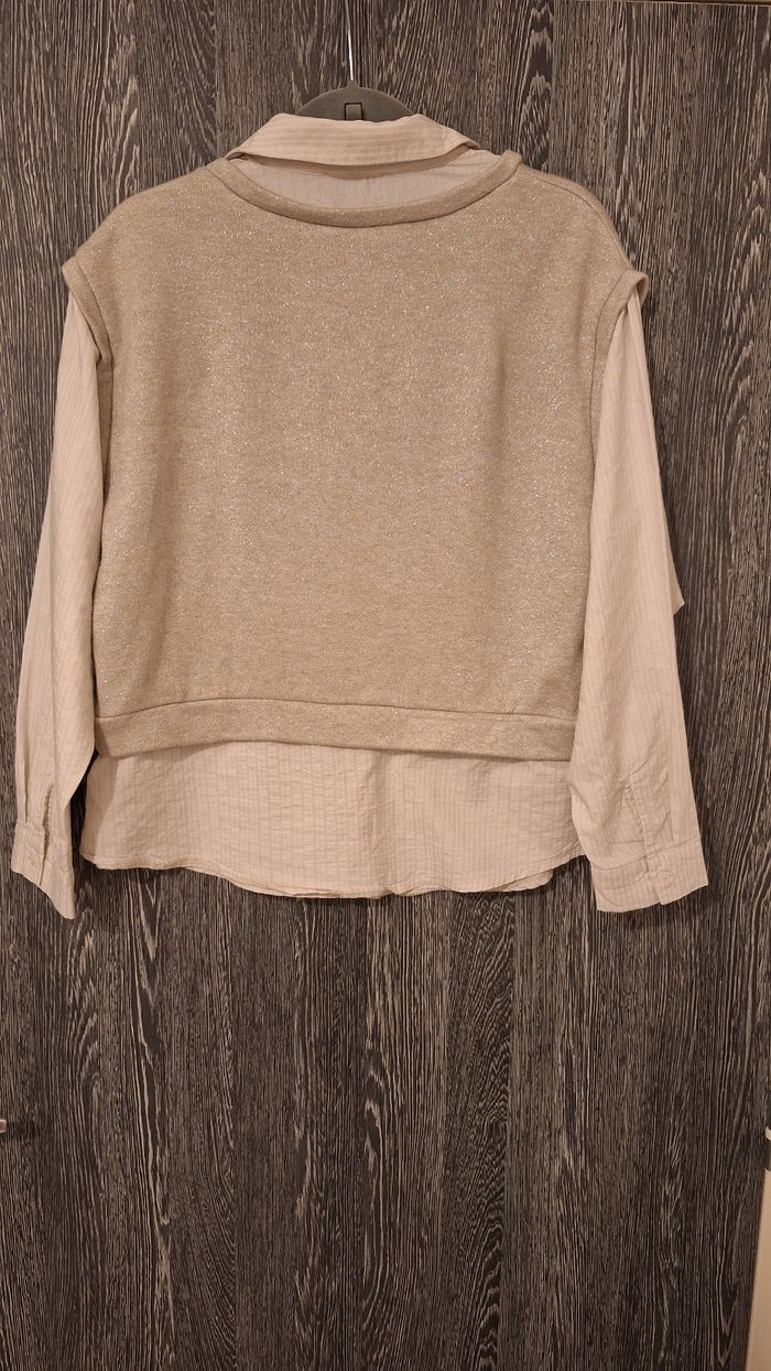 Pull chemise 2-en-1 rayé doré, beige et blanc - photo numéro 2