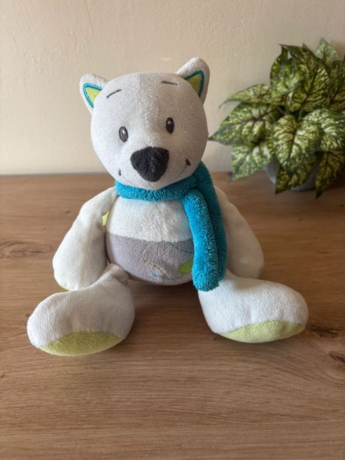 Doudou peluche ours renard blanc gris écharpe bleu musical doukidou dou kidou - photo numéro 3