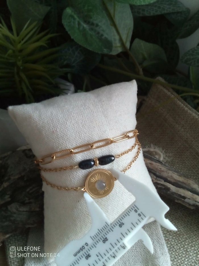 Bracelet triple acier pierre naturelle de labradorite et perles de culture d'eau douce naturelles - photo numéro 2