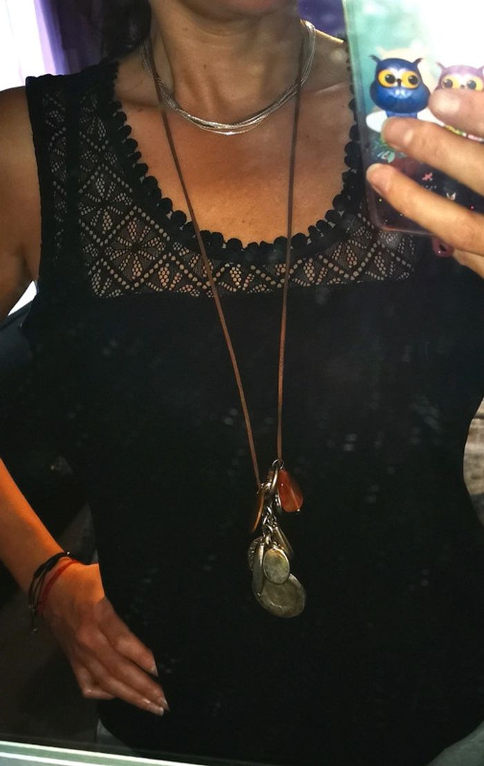 Long collier sautoir cuir bois métal et pierre - photo numéro 2