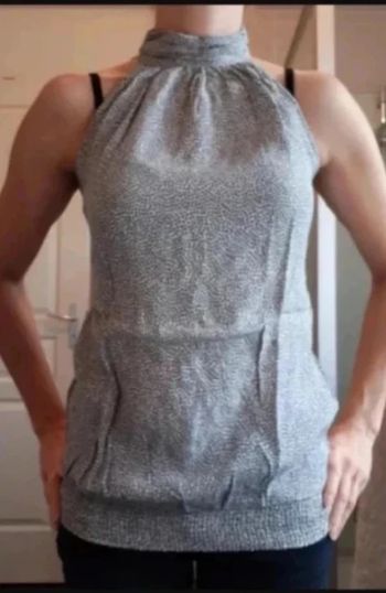 t-shirt femme blanc à pois gris tour de cou sans manches taille S / 36 / 8·Très bon état·Camaïeu