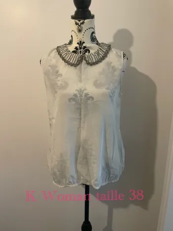 Blouse sans manche débardeur blanc satiné col Claudine à perles argenté K Woman taille 38