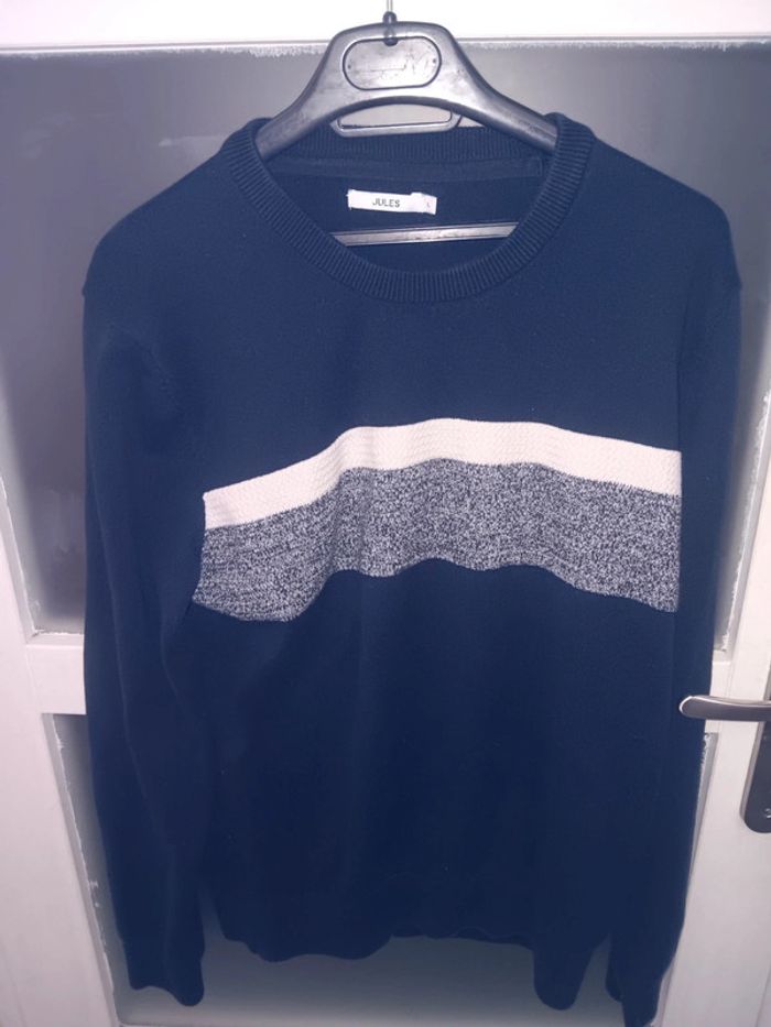 Pull JULES taille L col rond, rayures bleu marine et blanc