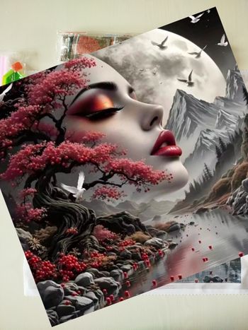 Diamond painting original avec visage femme paysage de montagne et lune 