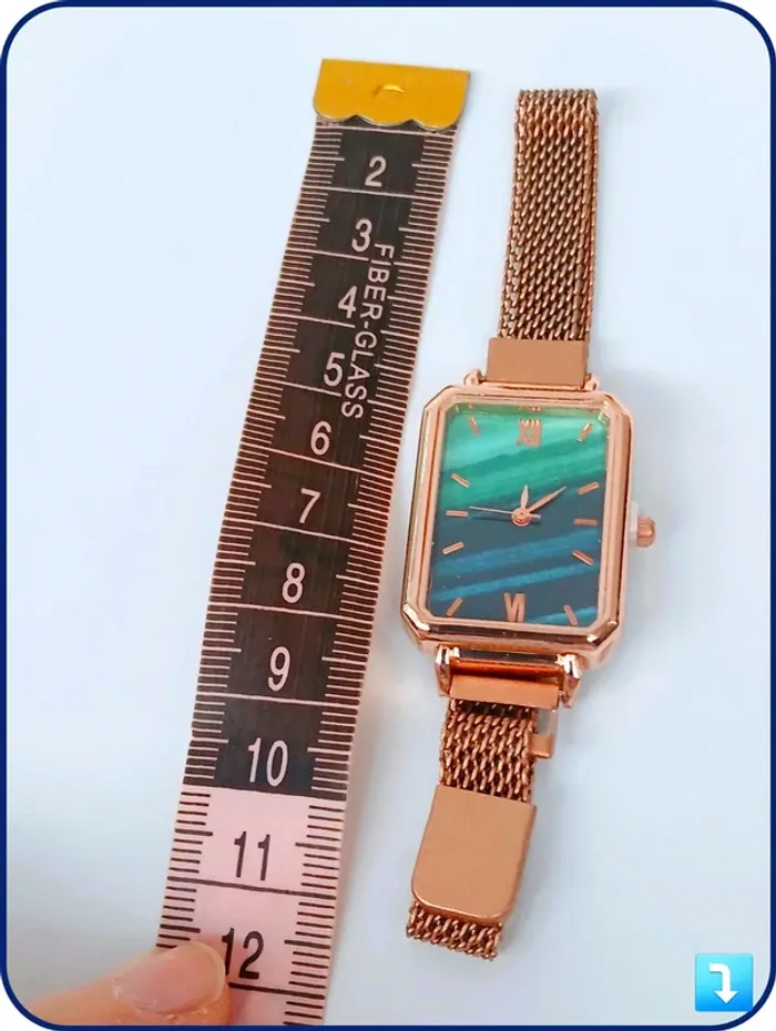 Montre rectangle cadran marbré vert & bracelet maille dorée style vintage chic - photo numéro 5