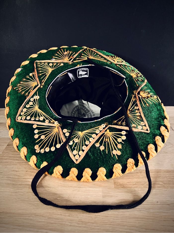 Vintage Sombrero Mexicain - Chapeau en velours Vert et Or Pigalle XXXXX - photo numéro 4