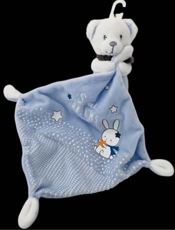 ❤️Peluche Doudou Plat Mouchoir Ours Blanc Bleu Mots D'enfants