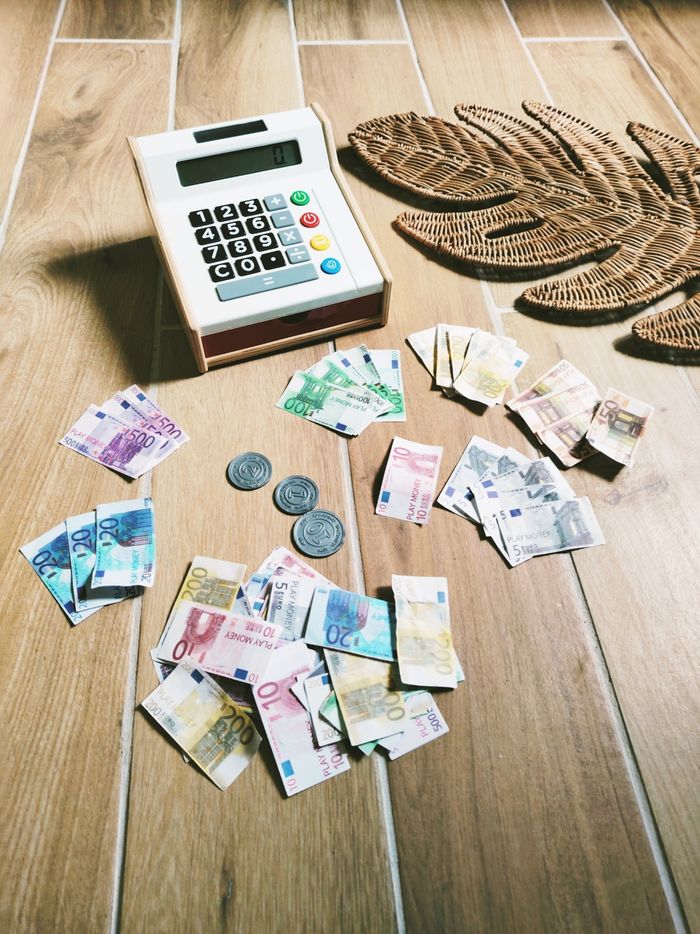 💵Dinette caisse enregistreuse calculatrice en bois avec argent