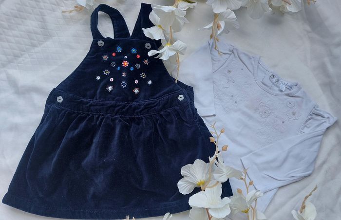 Robe velours marine et blouse blanche fille 12 mois - photo numéro 3