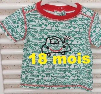 Tee  shirt  manche  courte  rouge  vert  motif  voiture  noir  Tissaïa  Taille  18 mois