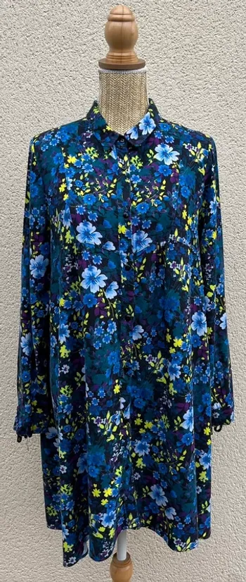 T.shirt long/tunique/robe/blouse bleue fleurie Cache Cache, femme, taille 42