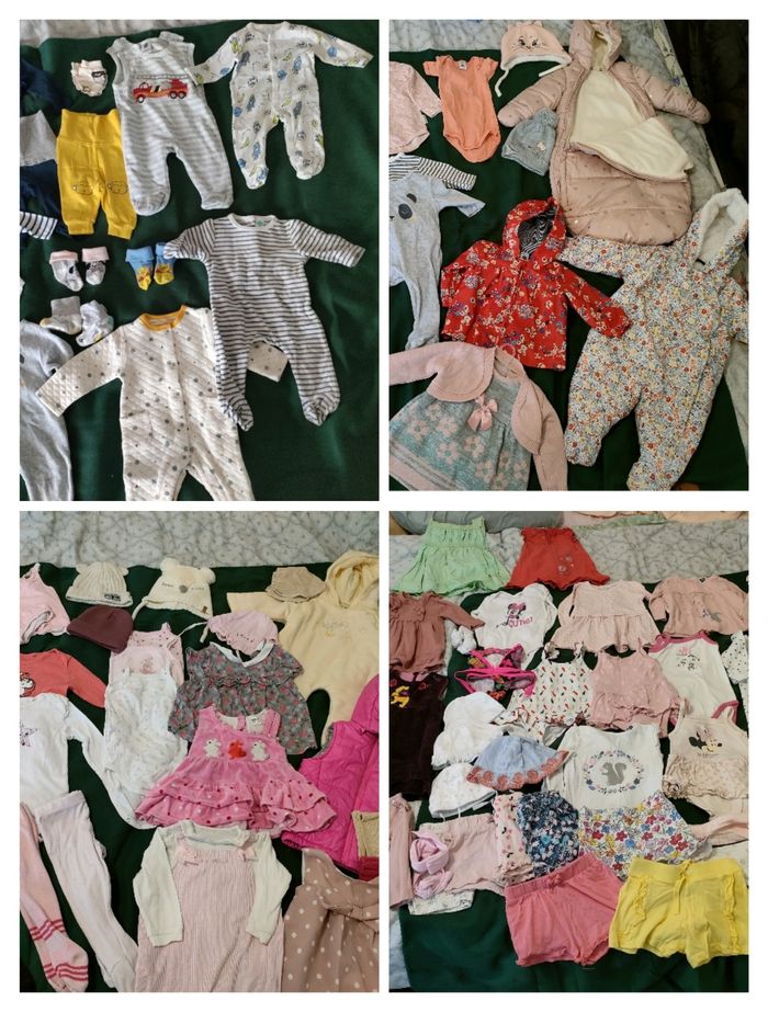 Je vendrai des vêtements et des chaussures (taille du 15 au 21) pour une fille de 50 cm (1 mois) à 81 cm (1 an et 6 mois). l'ensemble. Je vends tous mes vêtements.