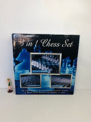 3 en 1 en verre échiquier, dames, backgammon