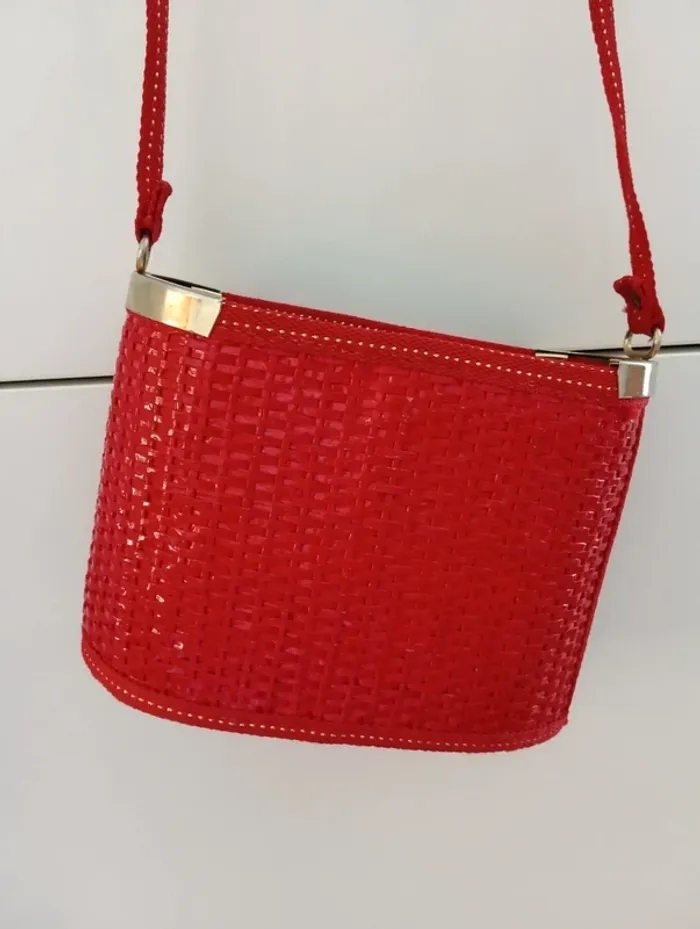 Sac seau tressé vintage rouge en osier - photo numéro 2