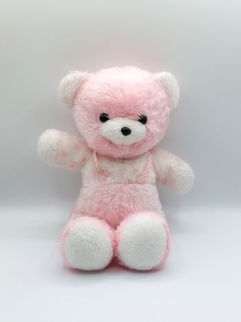 Ancienne peluche doudou ours rose blanc NOUNOURS Vintage pois rayures 38 cm