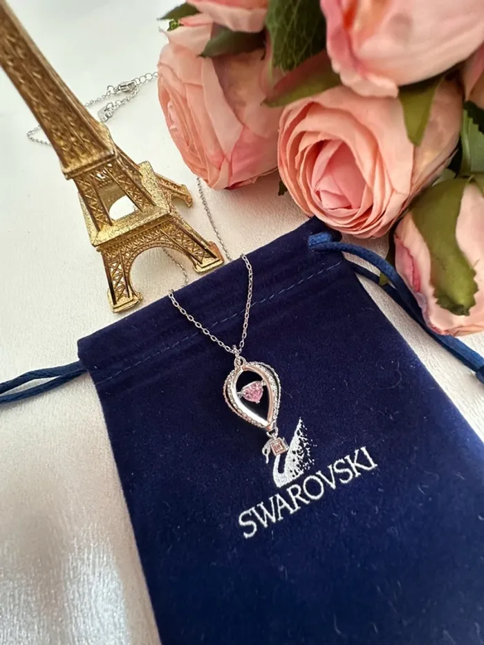 🎈Collier Swarovski montgolfière argenté cœur rose mobile – avec pochon - photo numéro 6