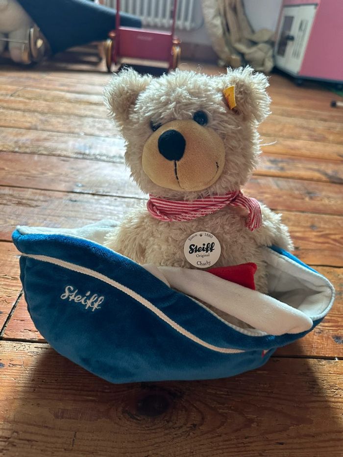 RARE Peluche Ours chiné beige Steiff 30cm avec bandeau sac bateau bleu doudou traditionnel