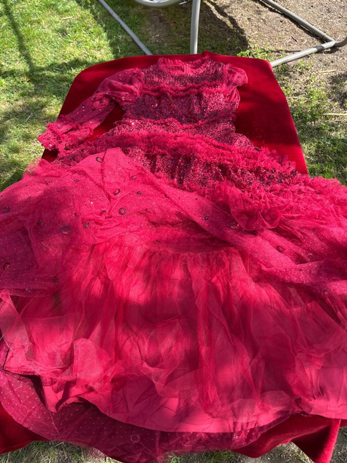 Robe longue Rouge voile paillettes jupon froufrou T 40 - photo numéro 13