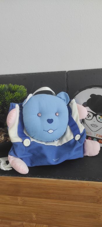sac à dos enfant ours bleu Musti Mustela blanc rose ancien publicitaire Vintage