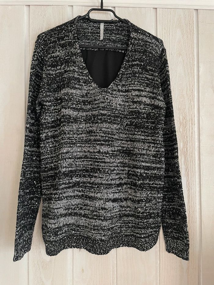 Pull noir argenté dos voilage - Chose promise - M