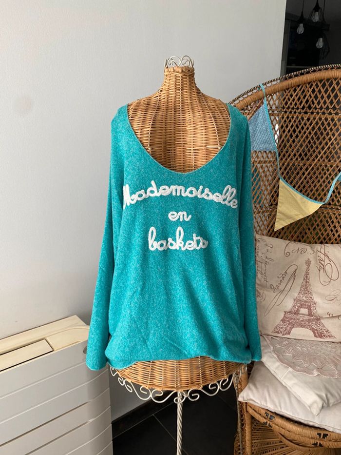 Pull manche longue turquoise Mademoiselle en baskets Ineo Couture taille M/L - photo numéro 8