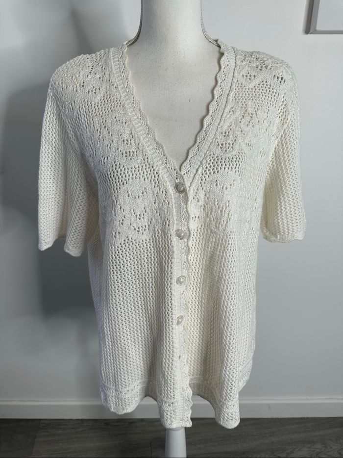 Cardigan en crochet tricot blanc crème Vintage T46 3XL