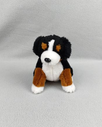 Petite peluche doudou chien bouvier bernois JEMINI noir marron blanc 18 cm assis