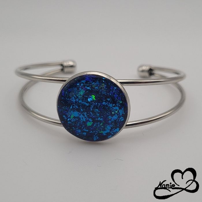 Jonc en résine argenté et bleu pailleté - photo numéro 3