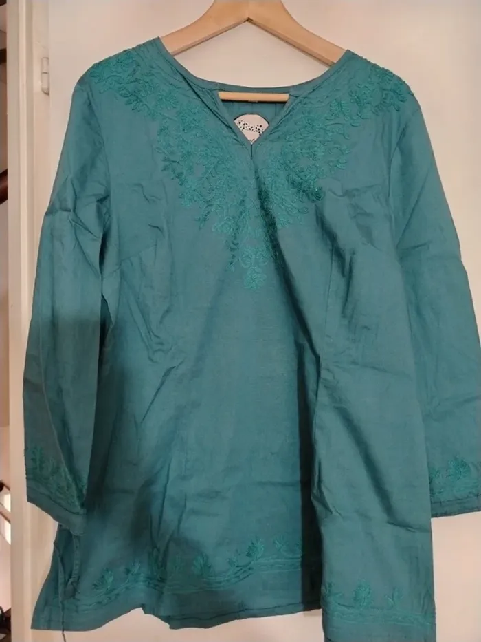 Caftano verde cobalto. Il tessuto è algodon cotone ricavato dalla bambagia,tutto ricamato - photo numéro 3