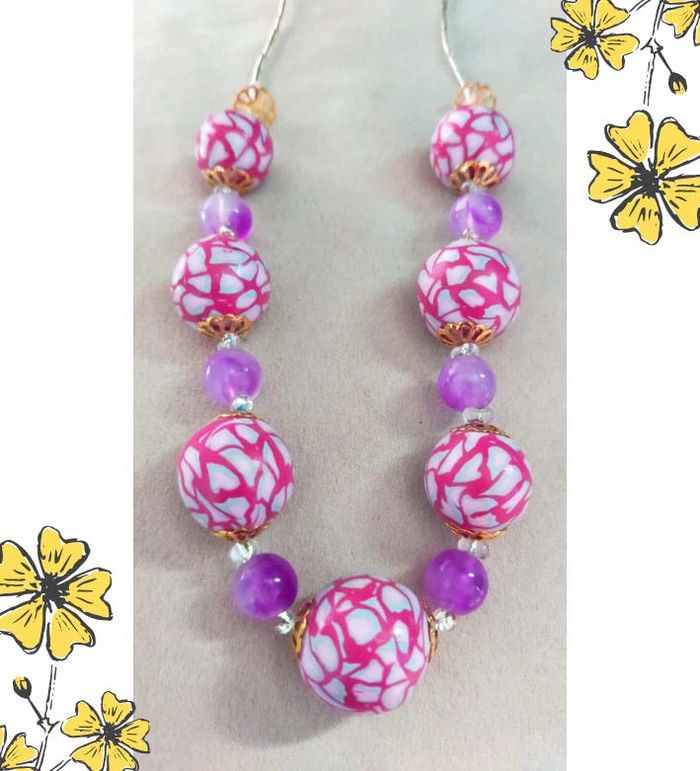 Collier vintage fait main – Perles roses en polymère & perles violettes – Collection Nuances de Rose - photo numéro 3