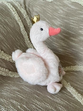 Peluche doudou d’éveil 22cm tex cygne rose à grelot Couronne doré parfait état