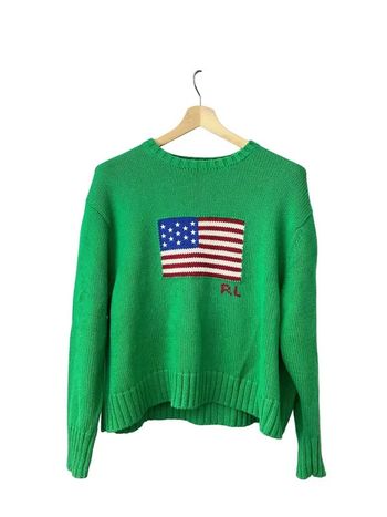 Pull col rond ralph lauren vert marine logo drapeau flag taille M 606D