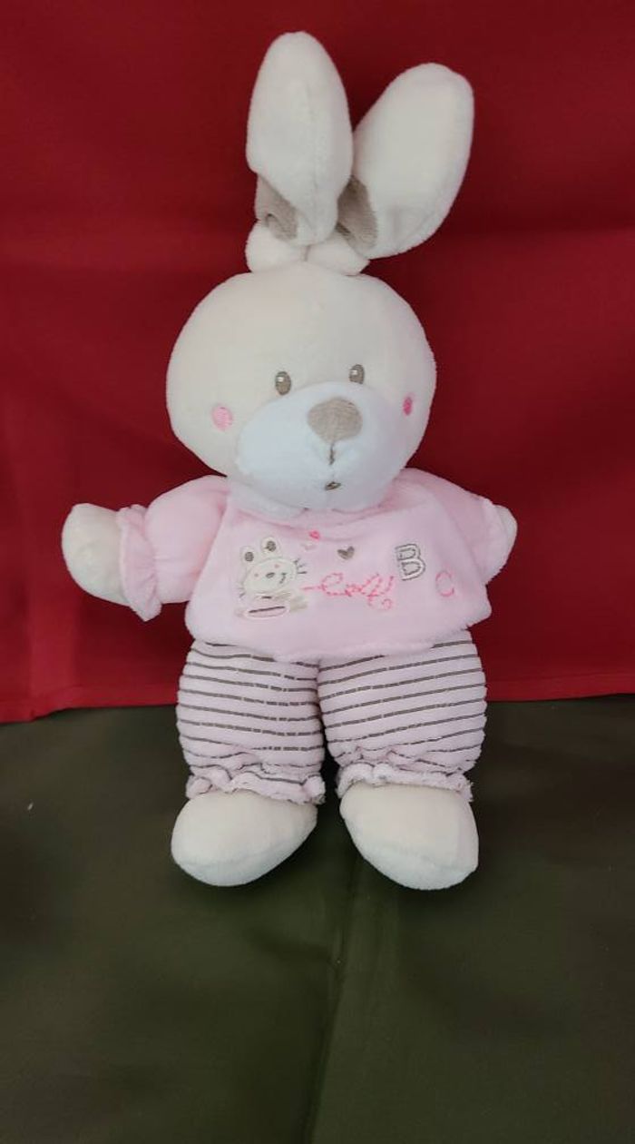 Doudou Lapin Rose Blanc Et Rayé Abc Nicotoy - photo numéro 3