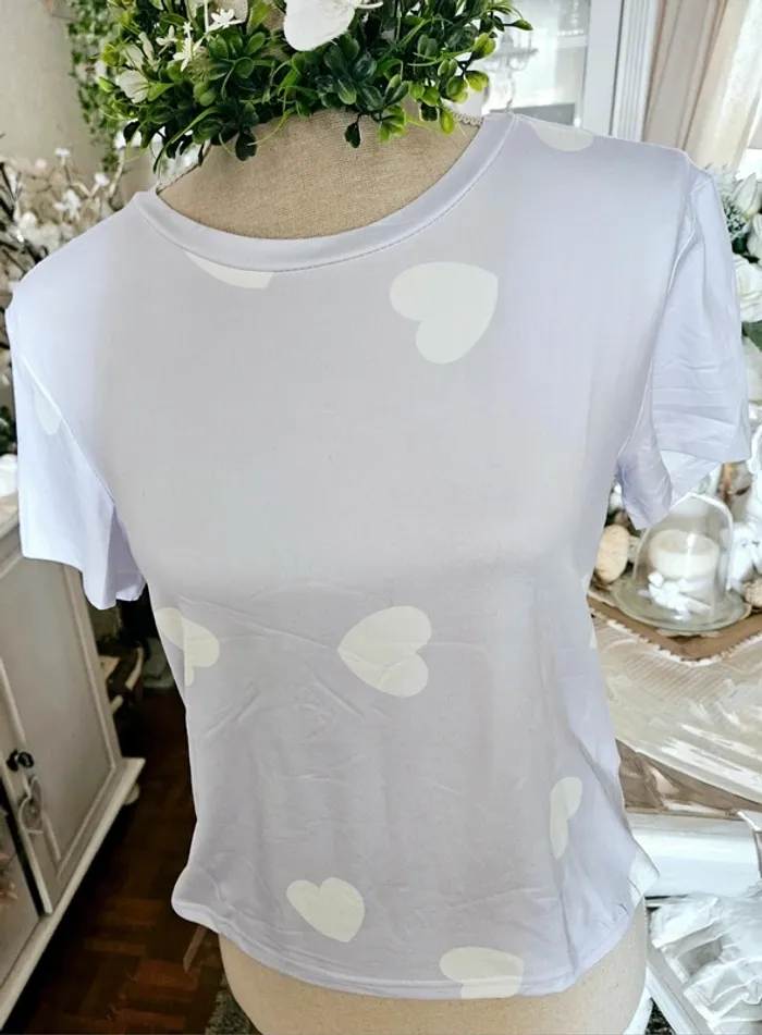 Pyjama short lila coeur blanc Taille S Neuf - photo numéro 2