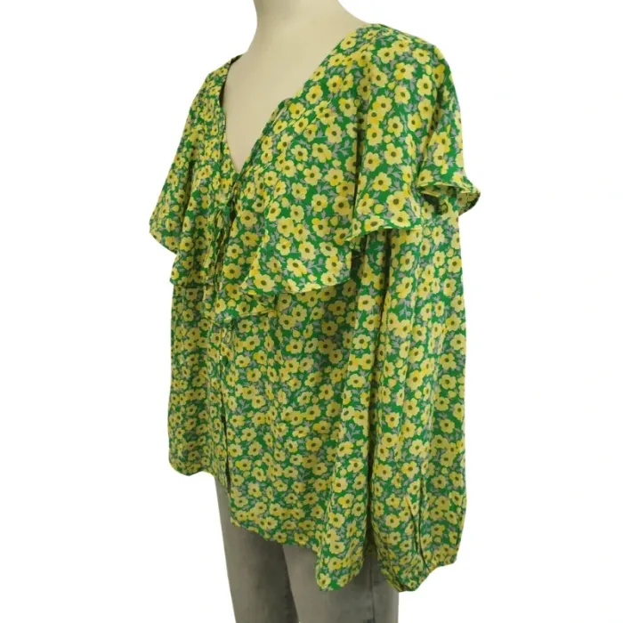 Blouse légère manches longues à volants col en V volanté fleurs jaune et vertes A - photo numéro 6
