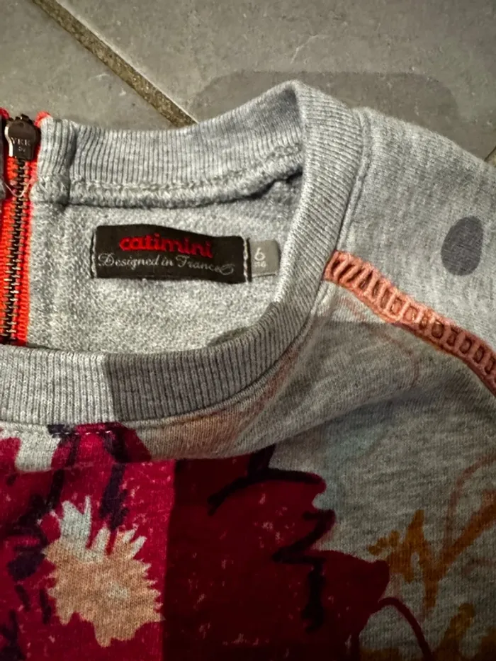 Pull / Sweat manches courtes - Catimini - Fleurs / Points - Gris, rose, jaune, orange & vert - 6 ans - photo numéro 2
