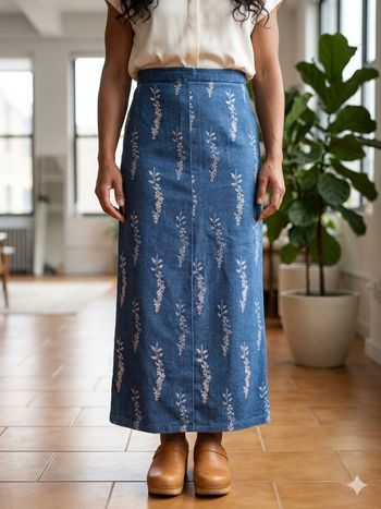 Jupe longue en jean stretch avec dessins longueur 80 cm Taille 36 Faite par une couturière