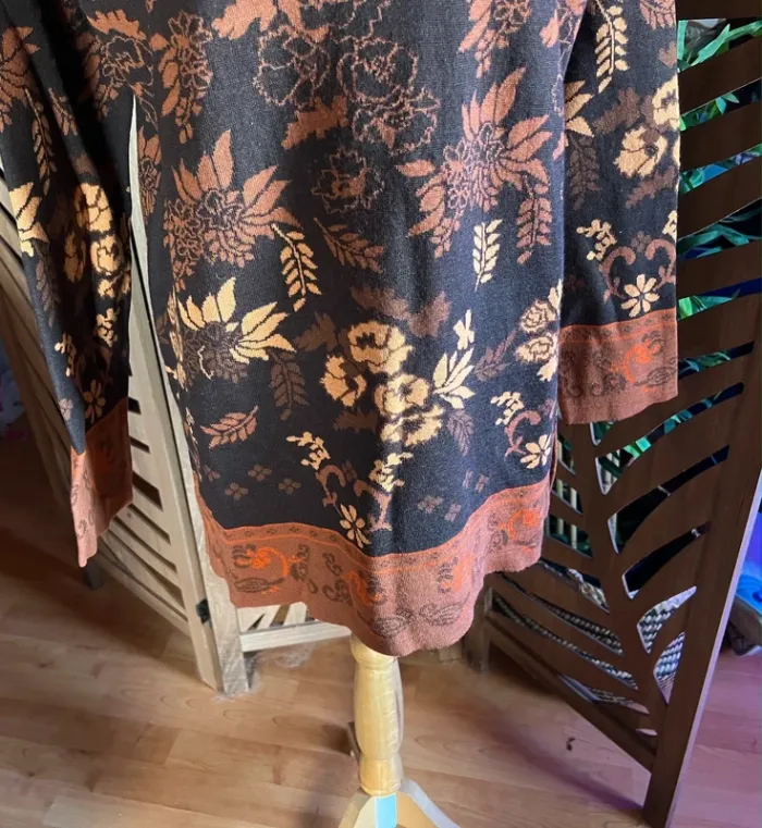 Pull en laine merinos motif à fleurs marron beige orange taille 3 44 lewinger chaud - photo numéro 3