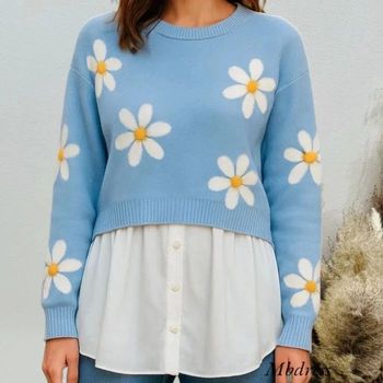 Beau pull chemise femme bleu clair à fleurs TU 36/40
