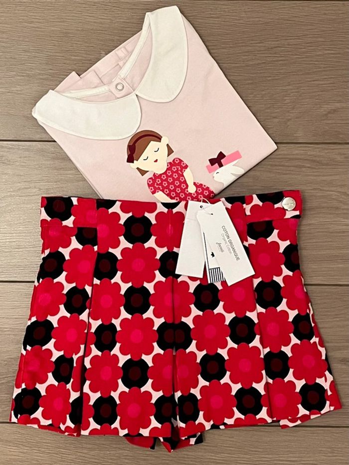 Jupe culotte en coton organique avec taille ajustable et T-shirt à col Claudine Jacadi T-4 ans