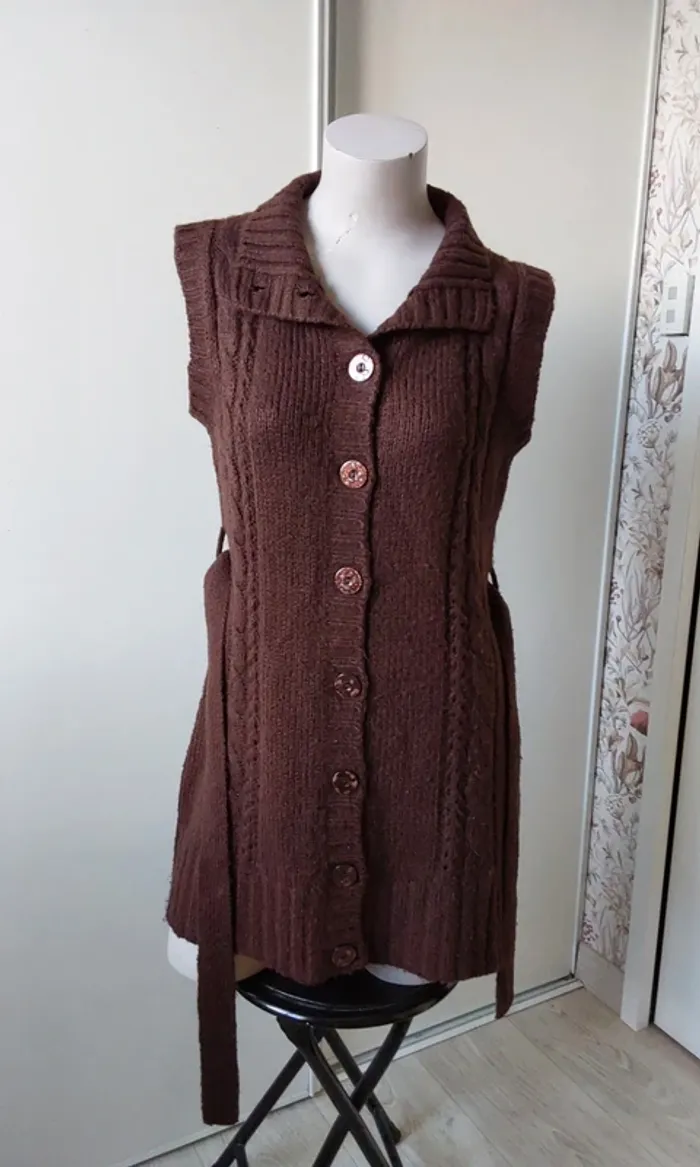 Veste sans manche mohair acrylique mi saison marron T 40 Avec ceinture - photo numéro 6