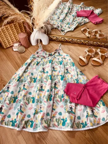 Taille 8 ans robe et legging fille Orchestra bleu vert rose * tropical * 🩷