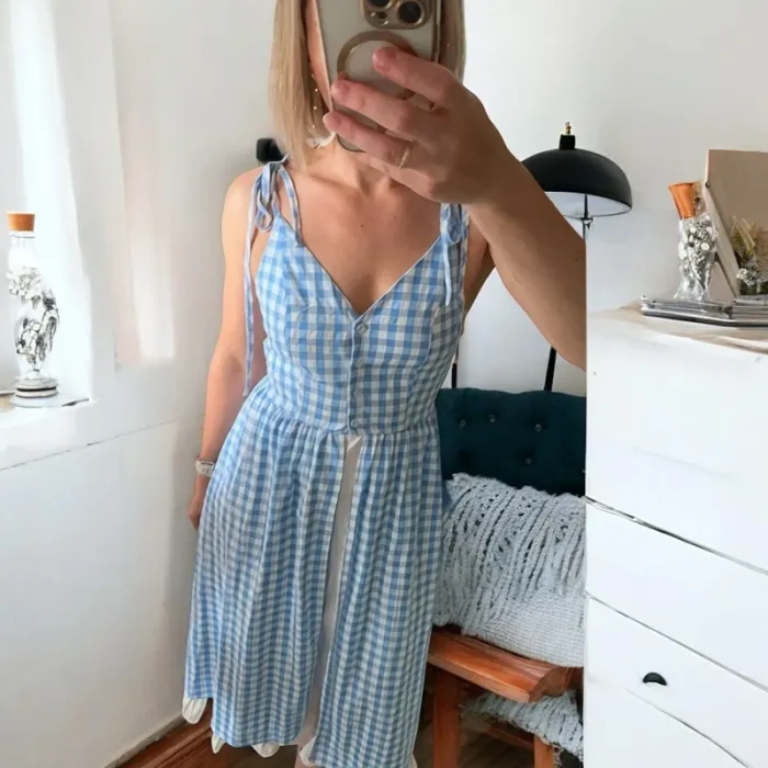 Robe longue vichy bleue à nouer – esprit cottagecore été 🤍 S - photo numéro 3