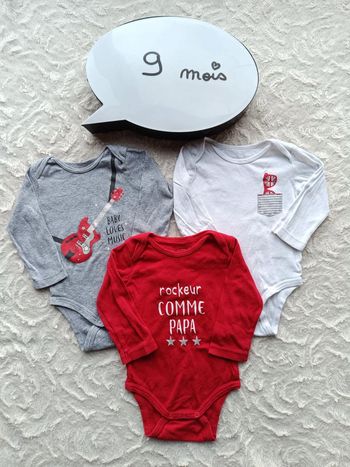 Lot de 3 bodies manches longues Garçon 9 mois Rockeur comme Papa guitare Baby loves music 100% coton