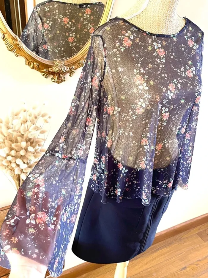 Sublime top fluide floral à manche large en tulle mango taille S - photo numéro 14